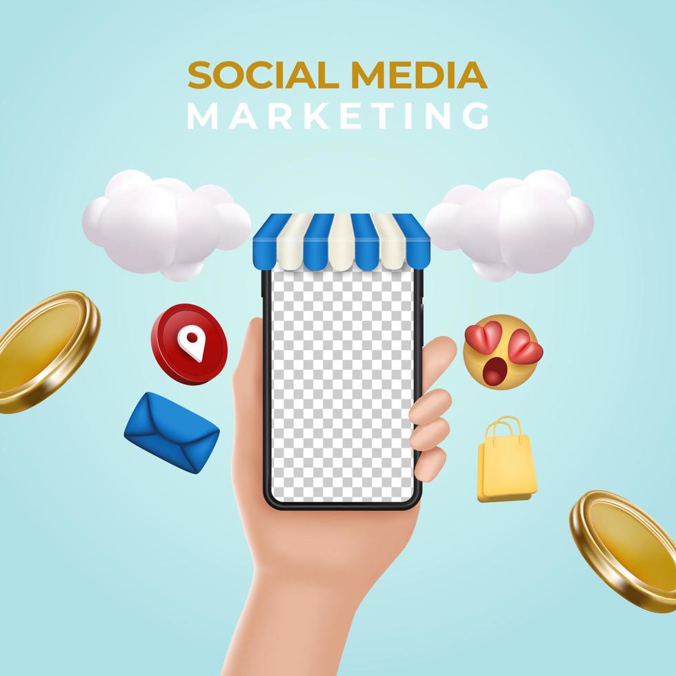 cartoon hand holding smartphone with icon social media. 3d vector illustration.