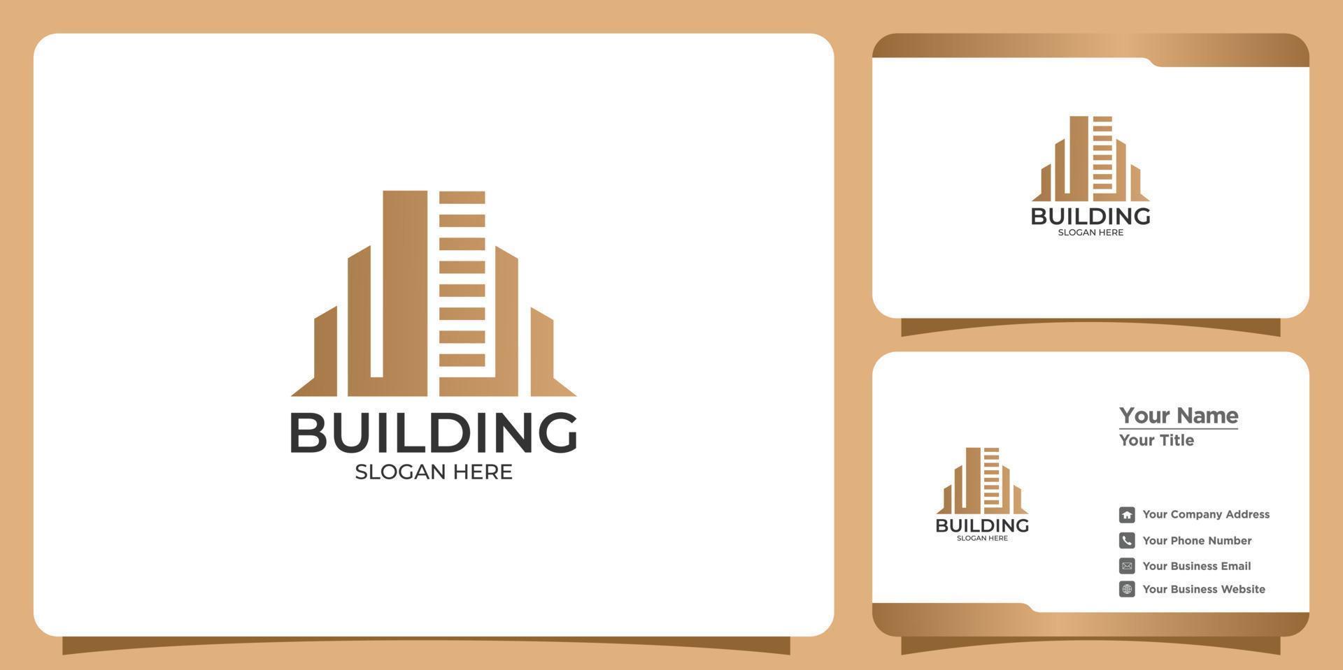 Minimalist building logo with line art style logo design and business card template vector