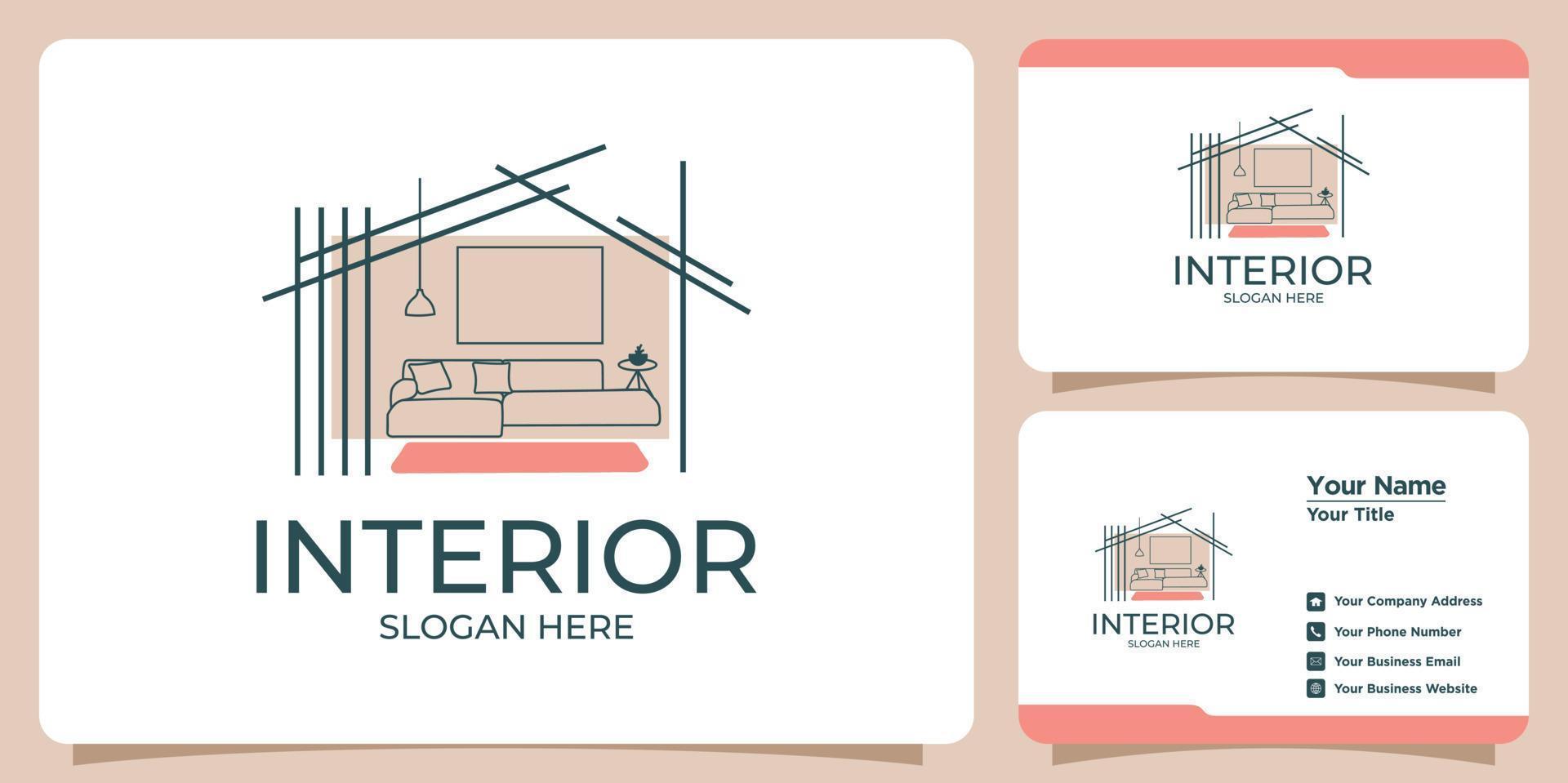 Minimalist interior logo with line art style logo design and business card template vector