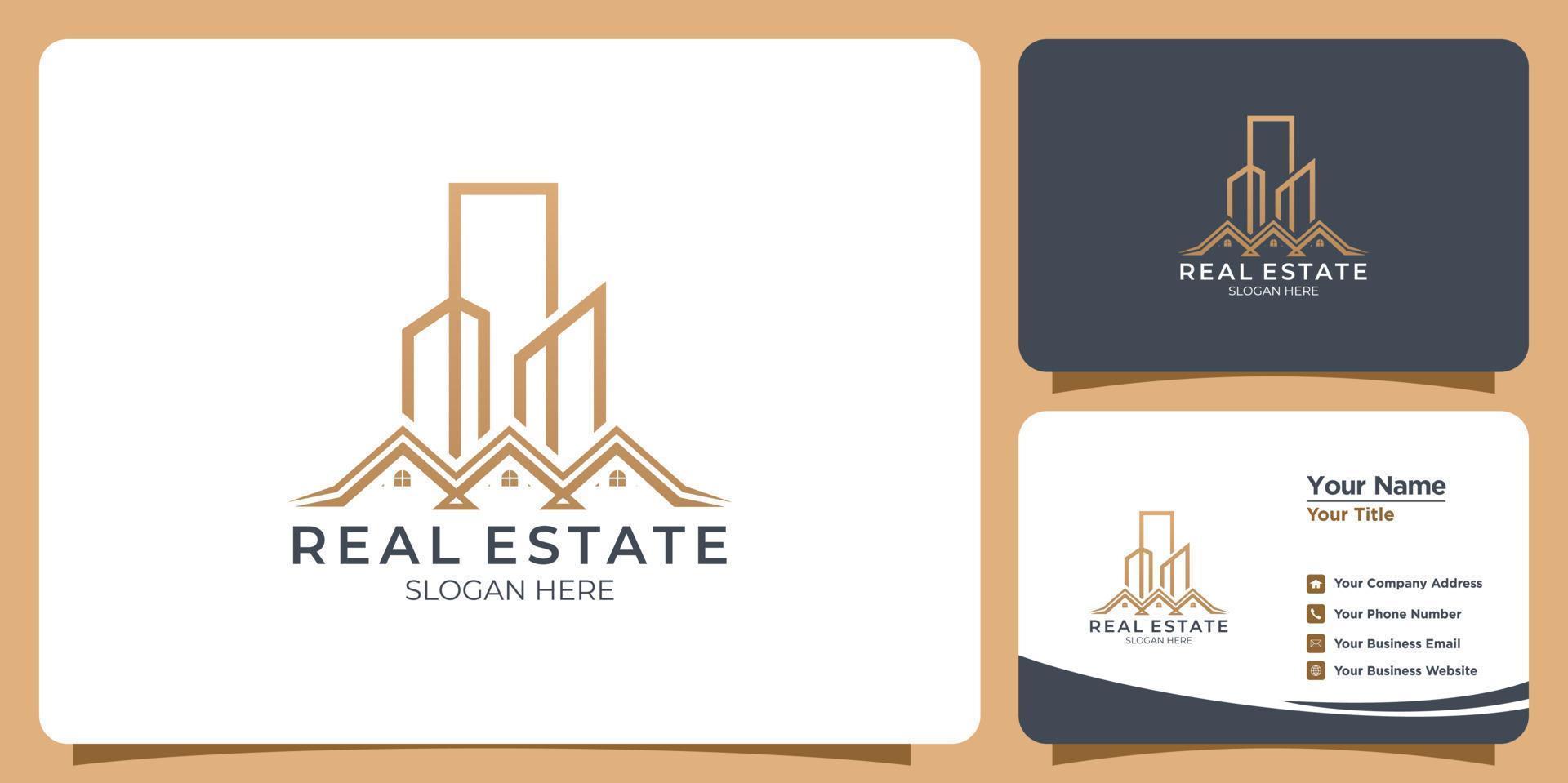 Minimalist building logo with line art style logo design and business card template vector