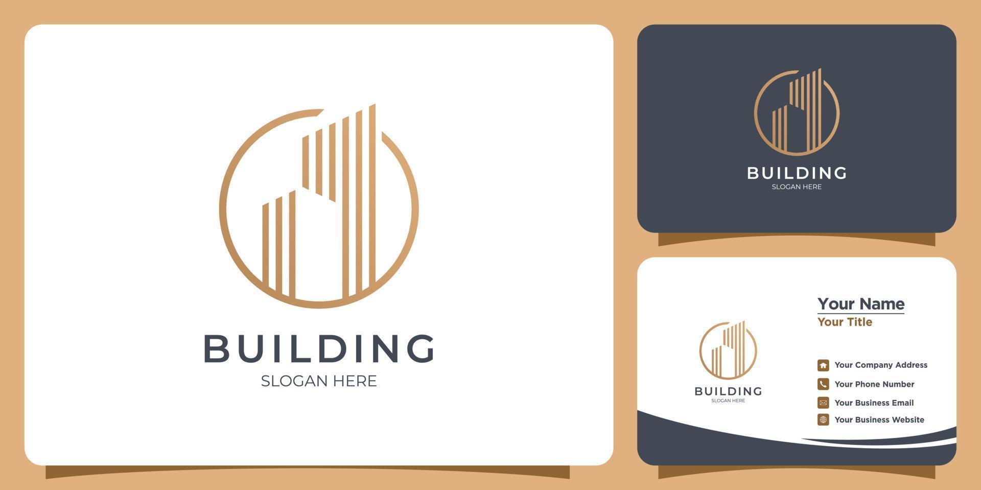 Minimalist building logo with line art style logo design and business card template vector