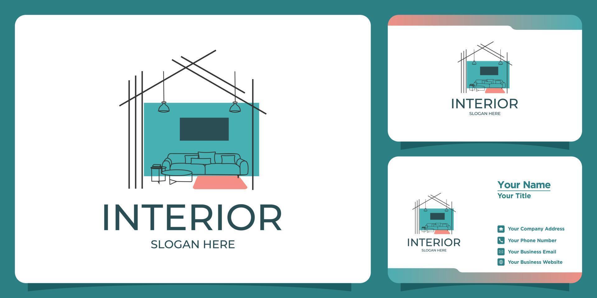 logotipo interior minimalista con diseño de logotipo de estilo de arte lineal y plantilla de tarjeta de visita vector