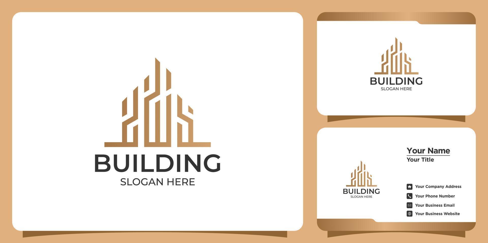 Minimalist building logo with line art style logo design and business card template vector