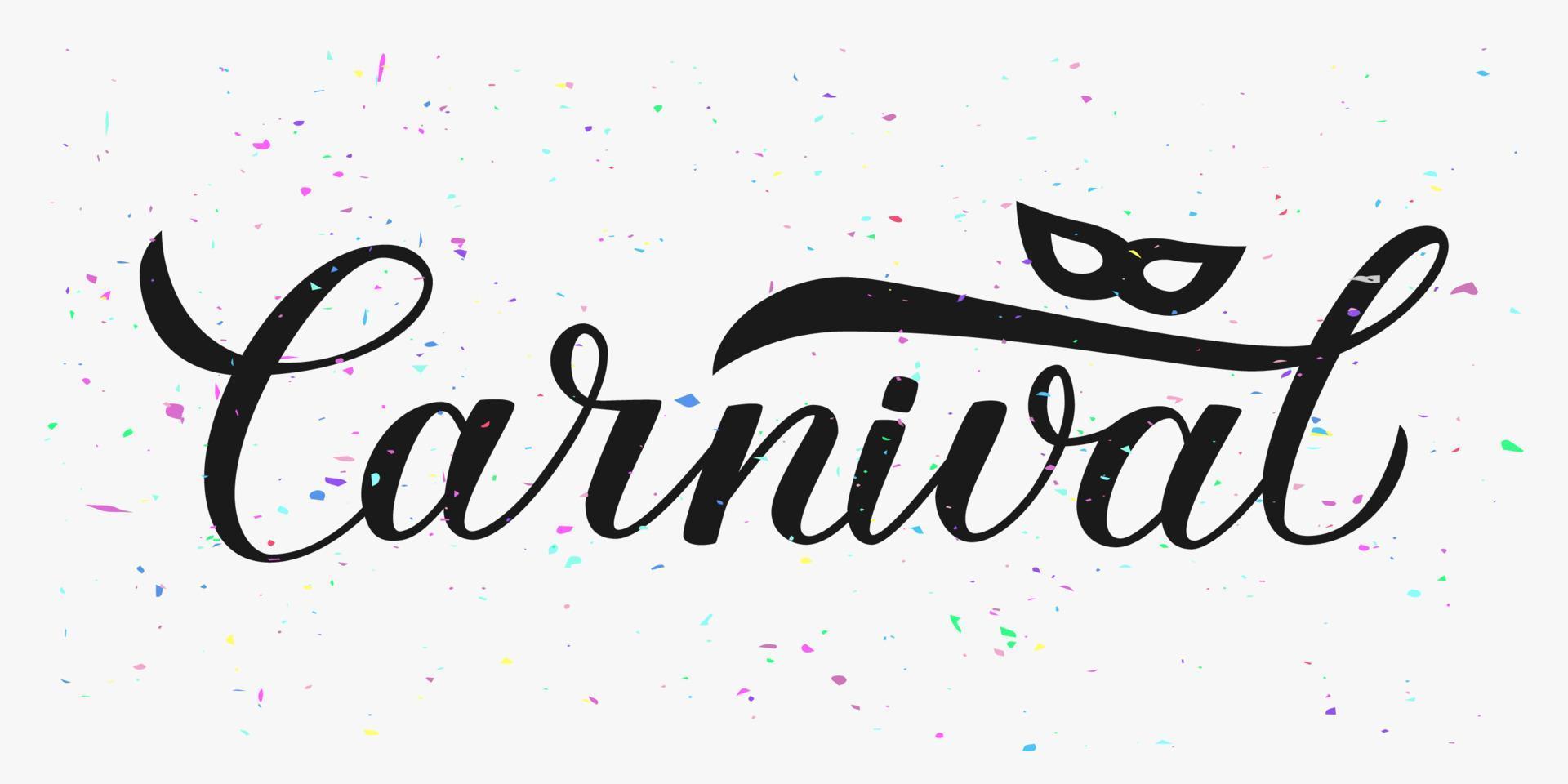 Letras de caligrafía de carnaval con manchas de colores. cartel o invitación de la fiesta de disfraces. ilustración vectorial plantilla fácil de editar para el carnaval brasileño en río o mardi gras en nueva orleans. vector