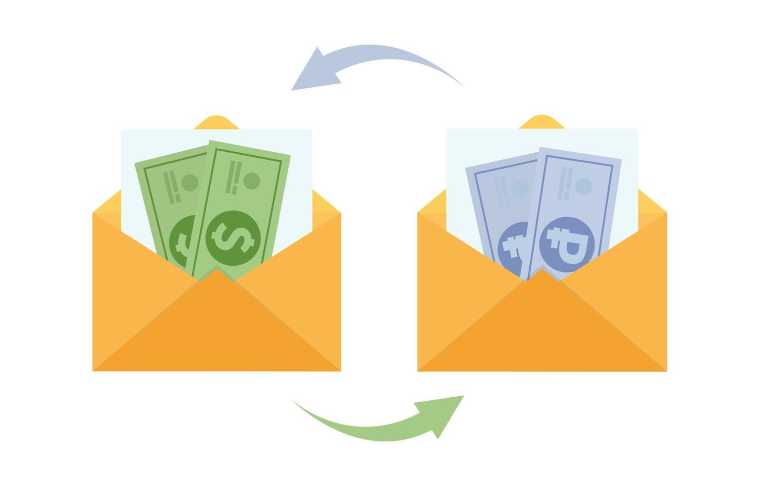 Currency exchange and conversion, dollar and ruble. Illustration of an envelope with rubles and dollar banknotes. vector