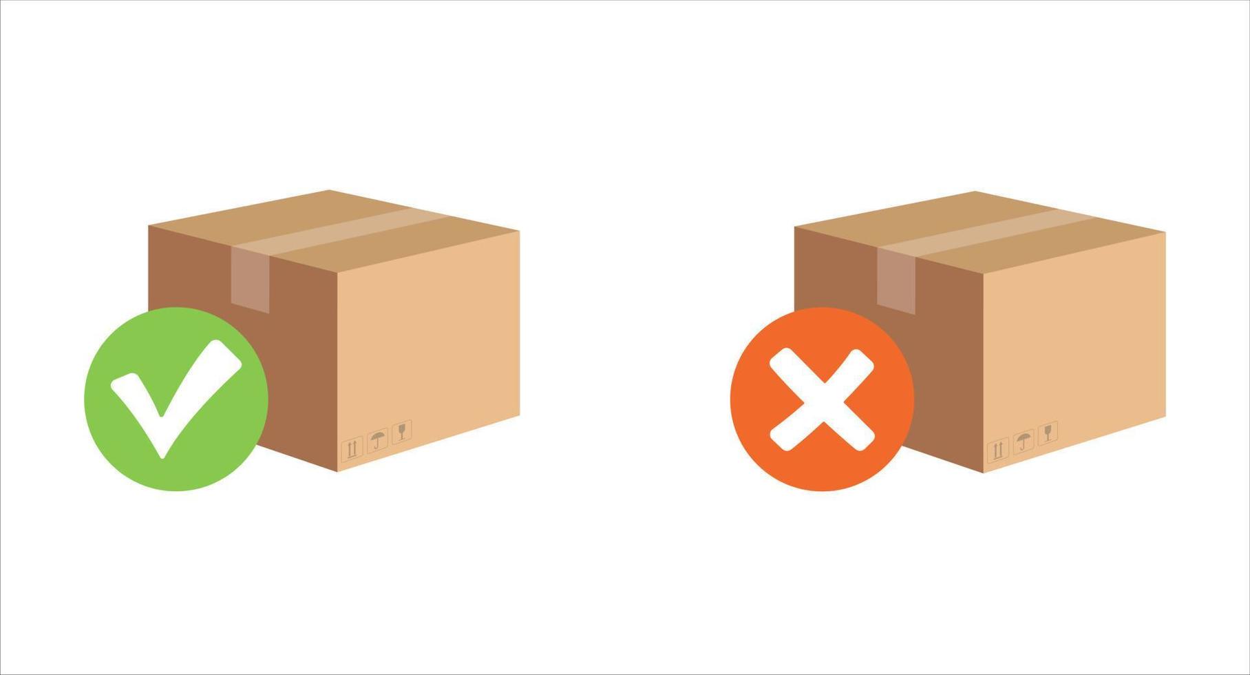 Carton delivery packaging open and closed box with fragile signs. Delivered and undelivered icon. vector