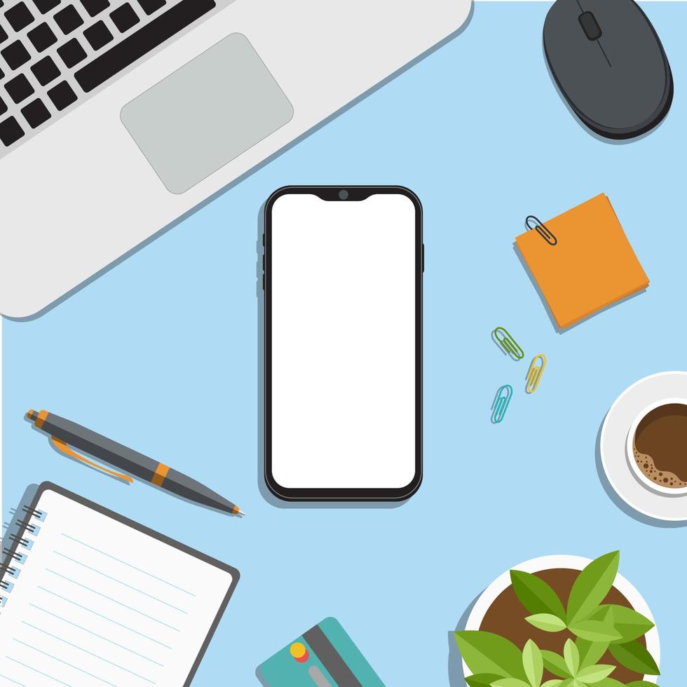Phone mockup with pen, laptop and coffee on the desktop. Vector illustration top view. Home and home office concept. Laptop, smartphone coffee cup, notepad with pens and pencils on the table