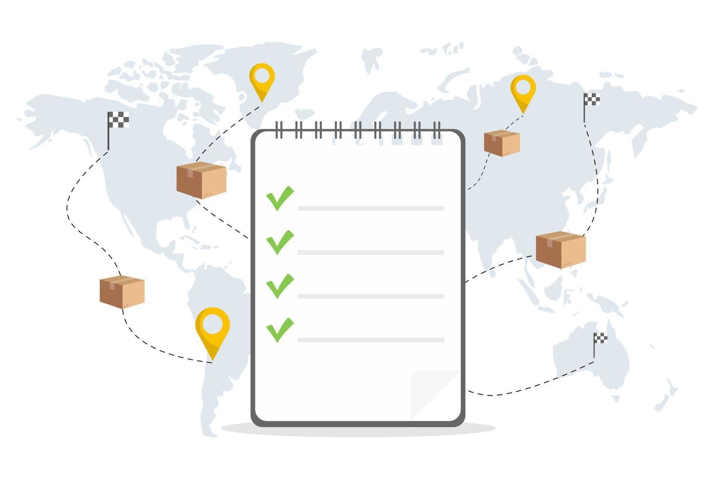 Fulfilled orders, fast parcel delivery. Global logistics network. World map with cargo moving. vector