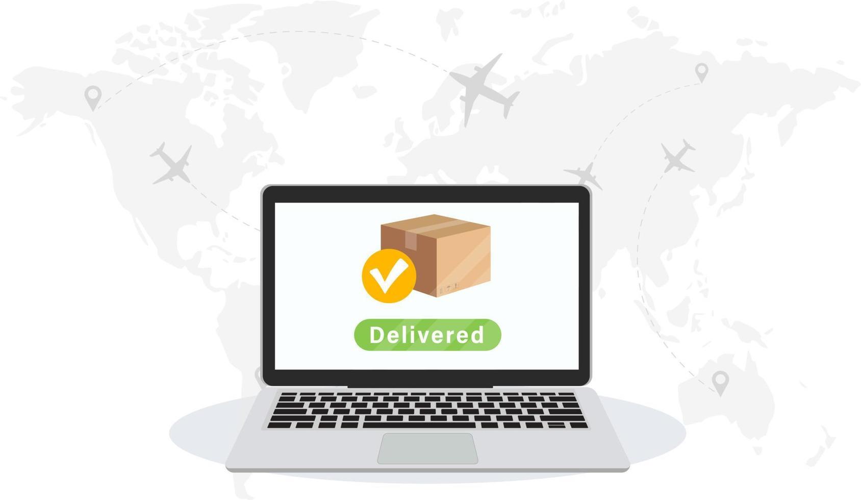 Global logistics network. Notification of the receipt of delivery on the laptop screen. Worldwide shipping by air. World map with cargo moving. vector