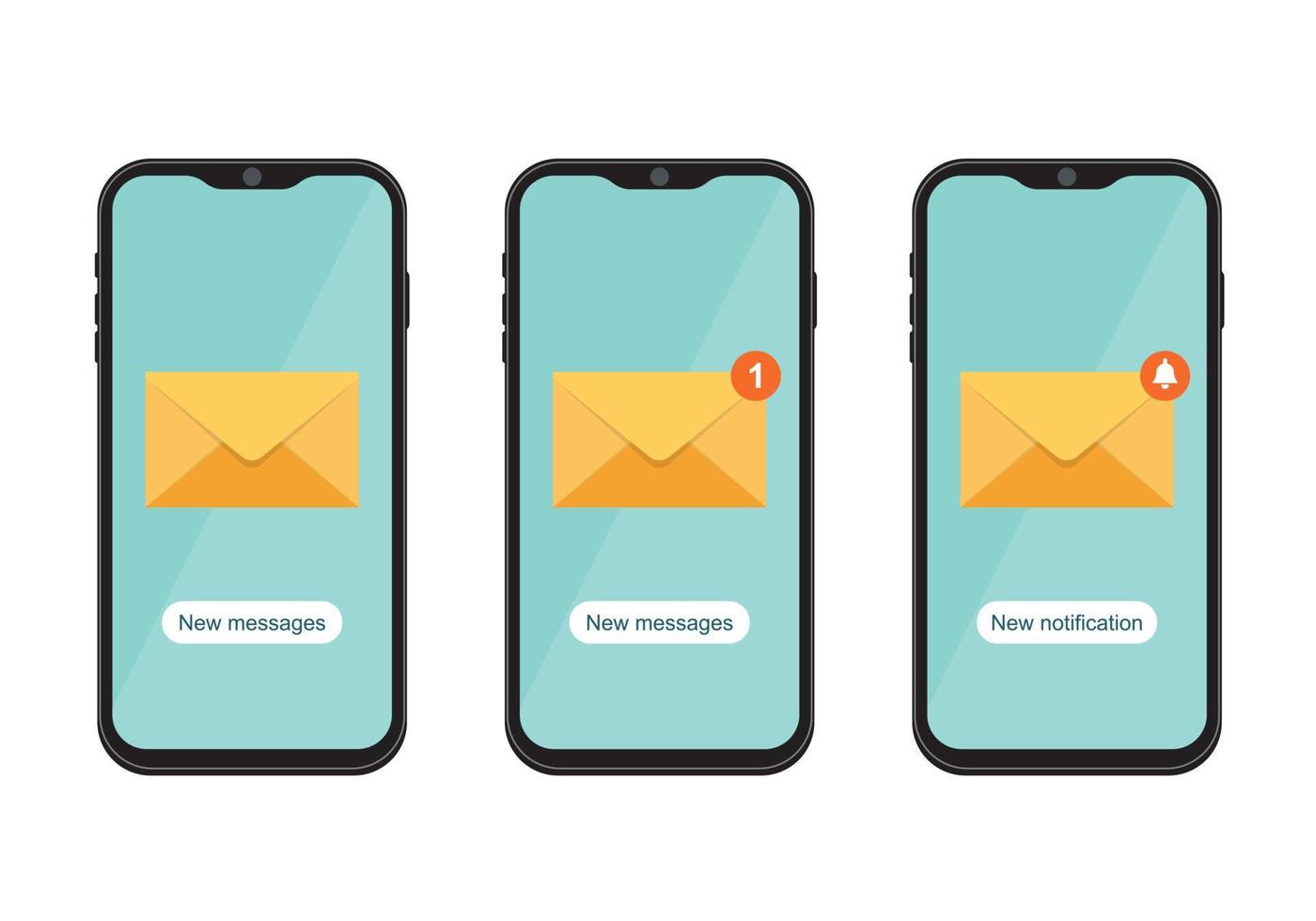A set of mobile phones with notifications. New incoming message on the smartphone screen. Unread email notification. vector