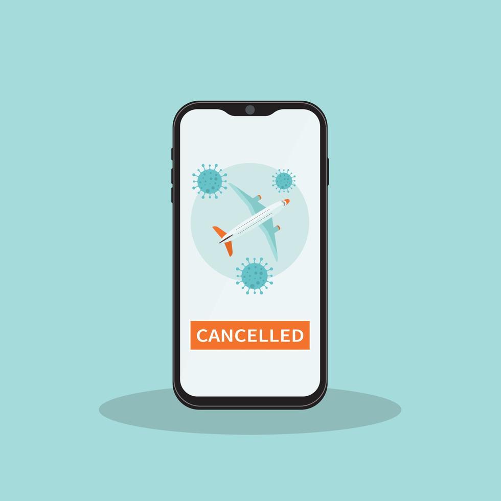 Coronavirus. Cancellation of flights due to coronavirus infection. Notification on the mobile phone about the flight cancellation. vector