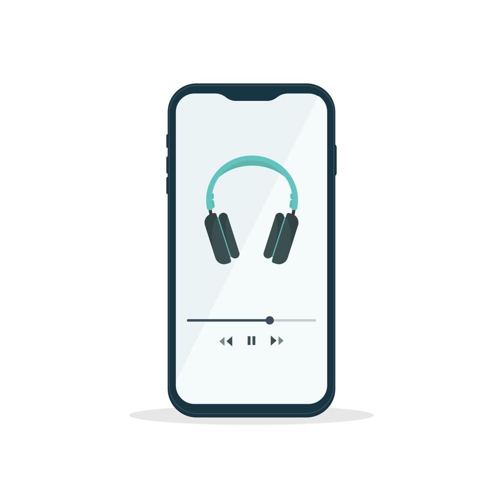Headphones and play button on smartphone screen. Streaming service, music app, listening to music or podcast on a mobile device. vector