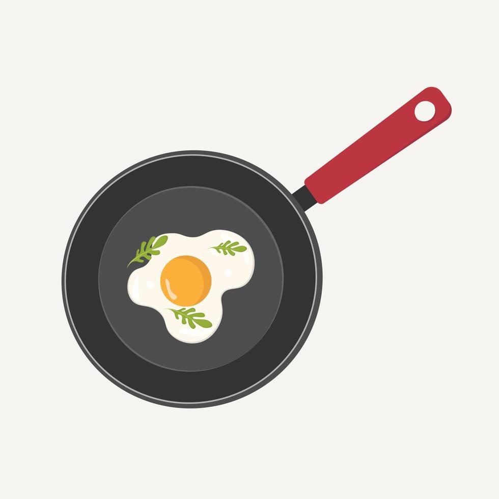 Fried egg in a pan with herbs. Breakfast illustration in flat style on isolated background. vector