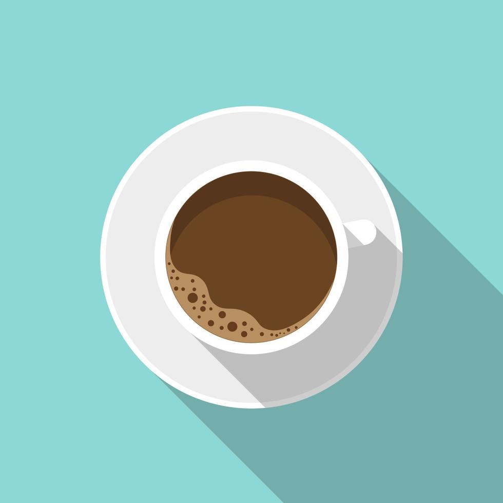 White cup of coffee with a saucer, top view. Flat design illustration with long shadow, vector. vector