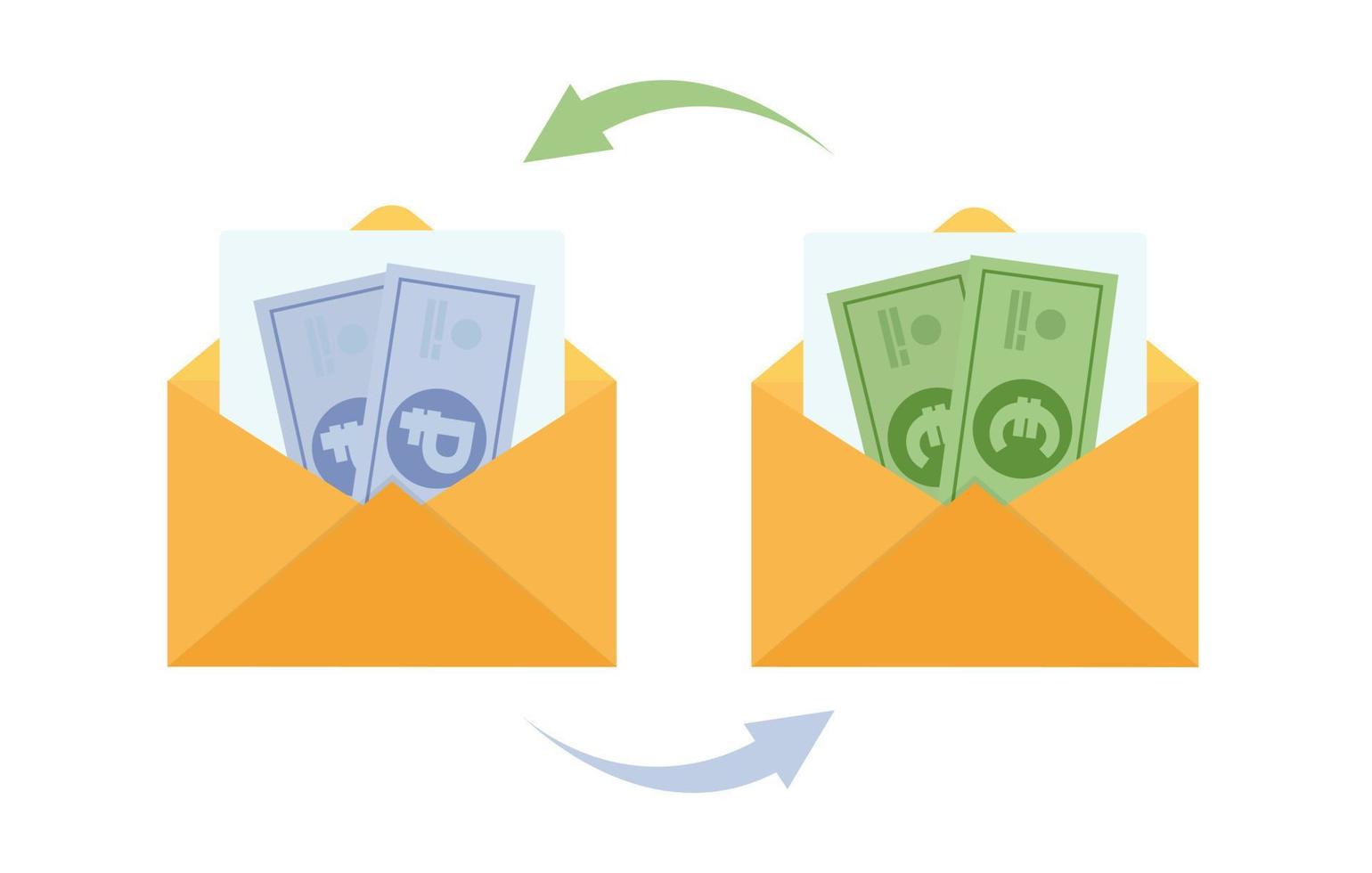 Currency exchange and conversion, euro and ruble. Illustration of an envelope with rubles and euro banknotes. vector