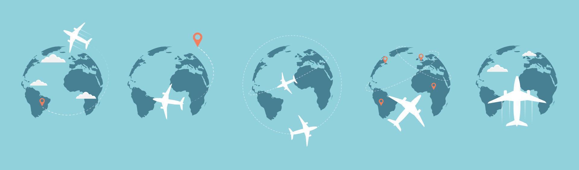 Travel the world by plane. Set of icons, airplane around the earth. Travel symbol vector