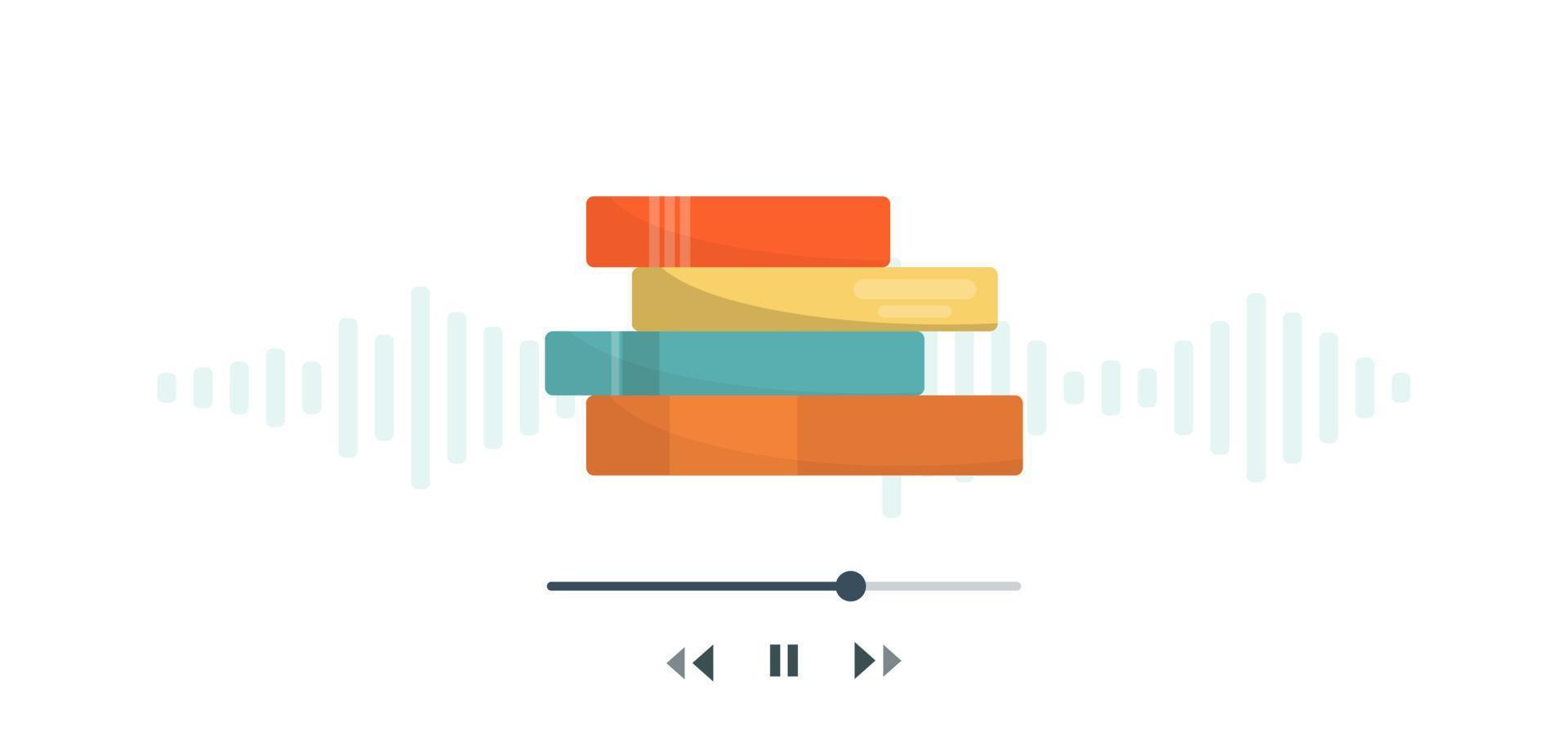 pila de libros con pista de música y botón de reproducción. audiolibros aprendizaje a través de audiolibros. vector