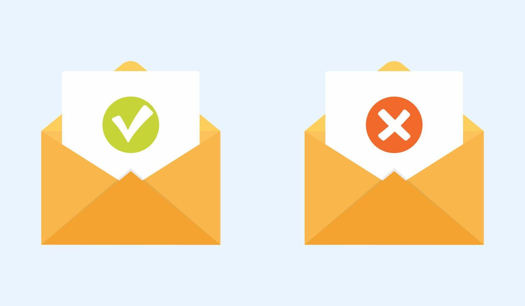 WebConfirmation or rejection Email concept. Open envelope with a check mark and a cross. vector