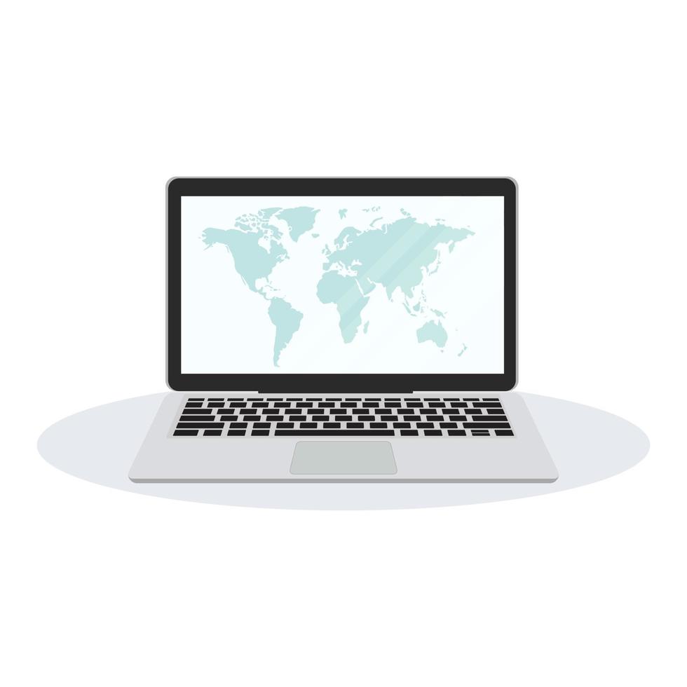 Laptop with high detailed World map on screen. Vector illustration.