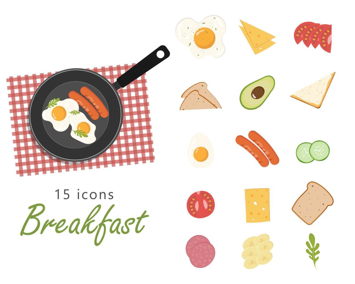 Food, breakfast icons set. Eggs, vegetables, cheese, bread, sausages. Isolated over white background. vector