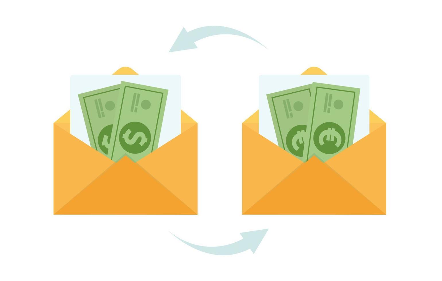 Illustration of an envelope with euro and dollar banknotes against the background of a world map. Currency exchange and conversion, dollar and euro. Element of economy, finance and business. vector