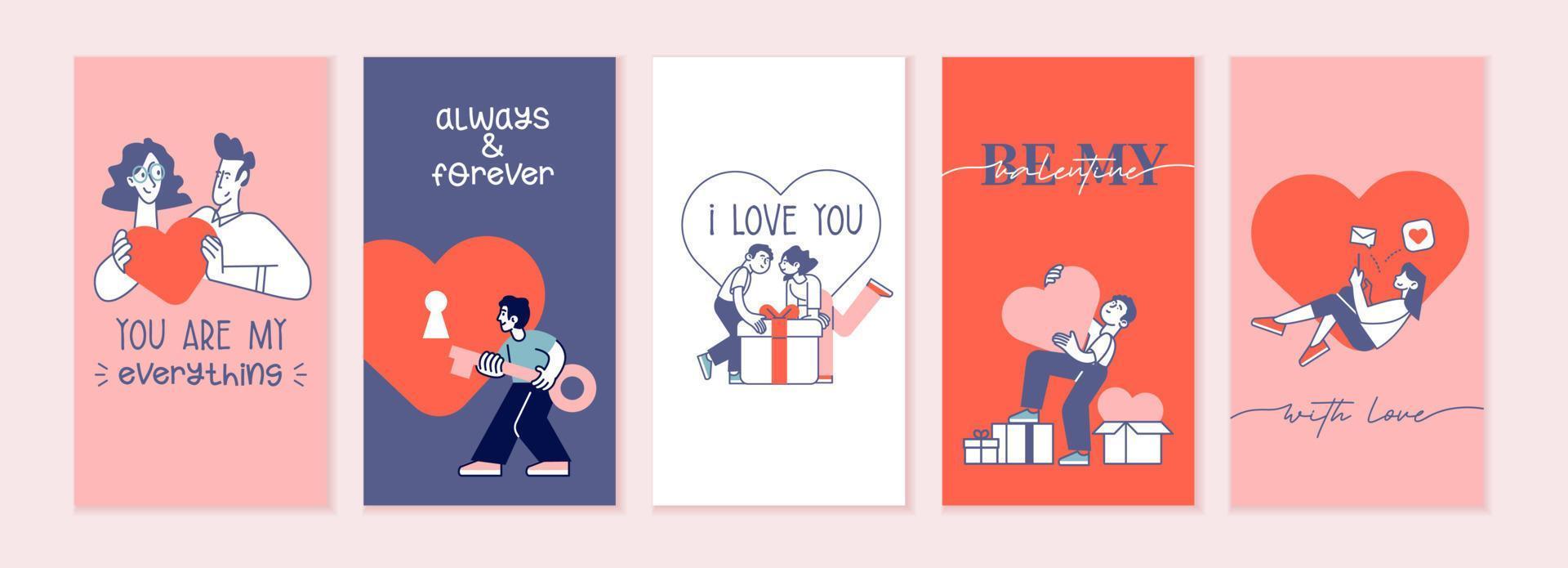 Set of Valentines day cards. Romantic cards and messages for all lovers or those who will become. Vector illustrations for greeting cards, backgrounds, web banners, social media banners, marketing.