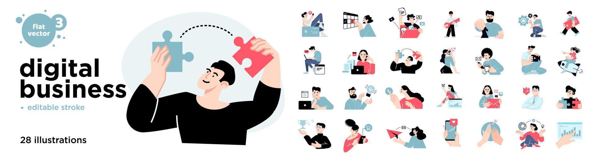 Digital business concept illustrations. Set of flat design vector illustrations of men and women in various activities of online business, management, e-commerce, communication, marketing.