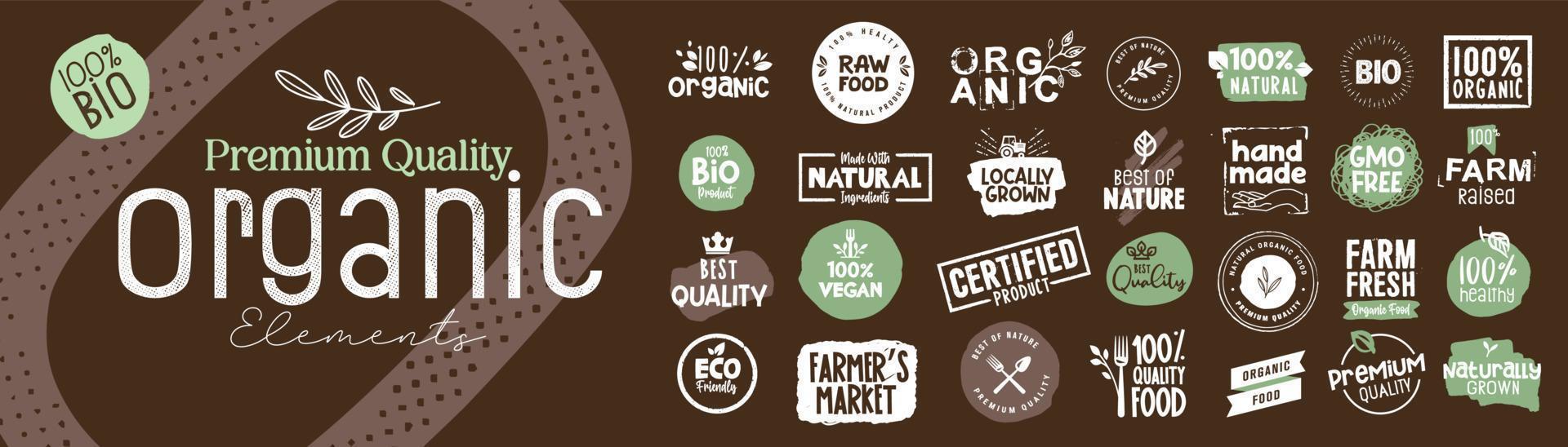 Organic food, farm fresh and natural product signs collection for food market, ecommerce, restaurant, healthy life. Vector illustration concepts for web design, packaging design, marketing.