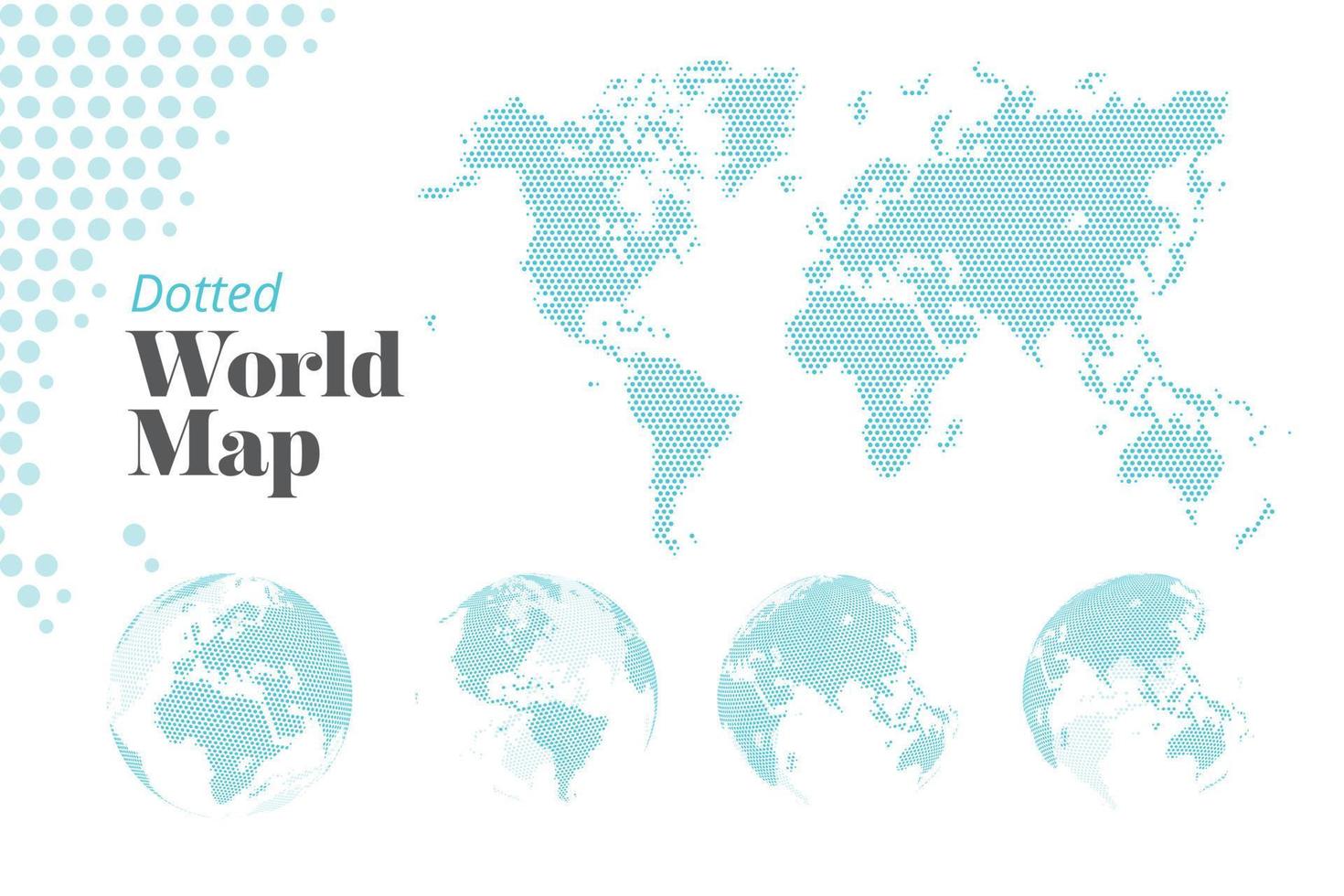 Business dotted world map and earth globes showing all continents. Vector illustration template for website design, annual reports, infographics, business presentation, marketing.