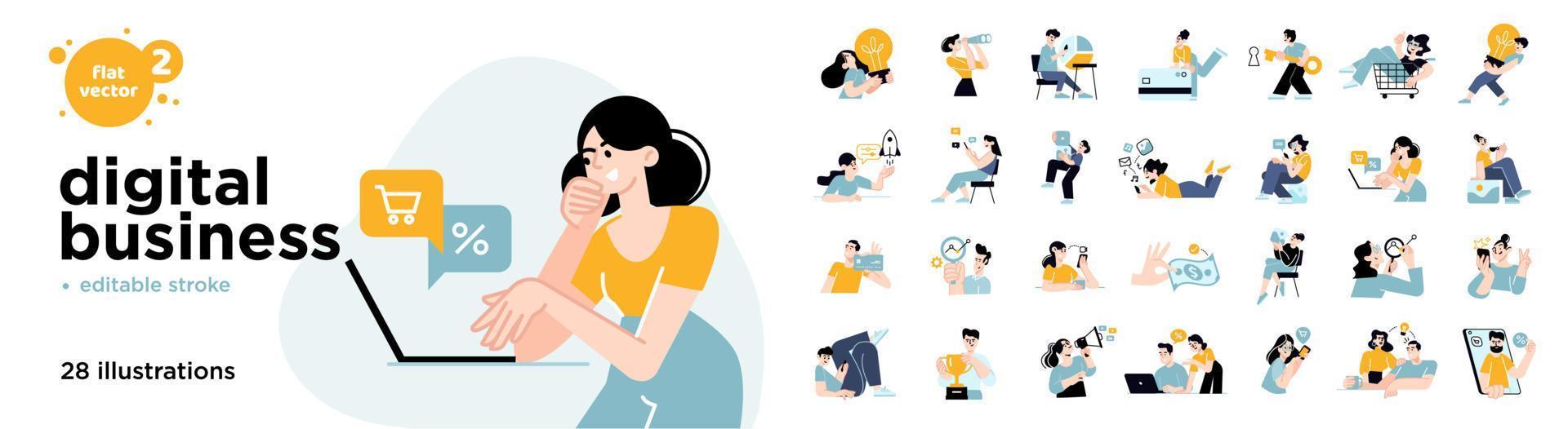 Digital business concept illustrations. Set of flat design vector illustrations of men and women in various activities of online business, management, e-commerce, communication, marketing.