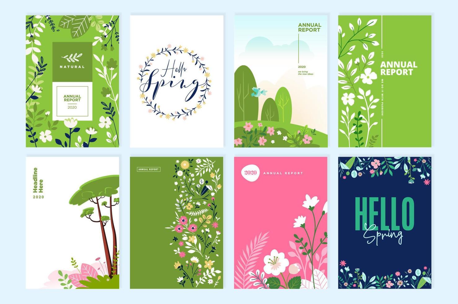 conjunto de diseños de folletos sobre el tema de la naturaleza, la primavera, la belleza, la moda, los productos naturales y orgánicos, el medio ambiente. ilustración vectorial o plantillas de diseño de portada, informes anuales, material de marketing. vector