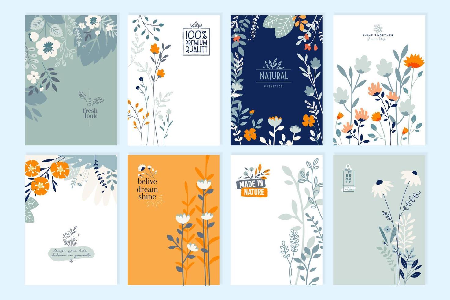 Set of brochure designs on the subject of nature, spring, beauty, fashion, natural and organic products, environment. Vector illustration or cover design templates, annual reports, marketing material.