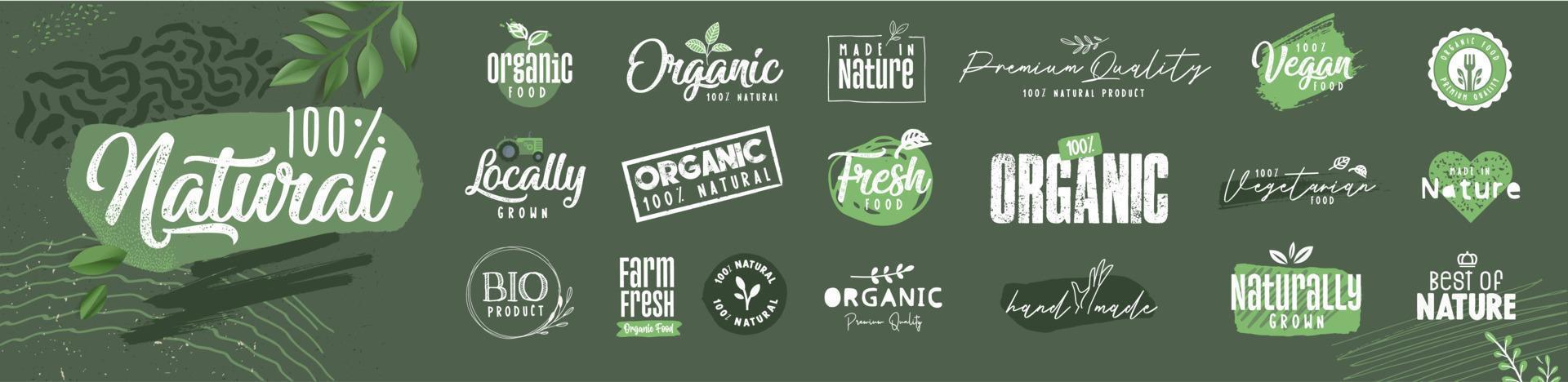Organic food, farm fresh and natural product signs collection for food market, ecommerce, restaurant, healthy life. Vector illustration concepts for web design, packaging design, marketing.
