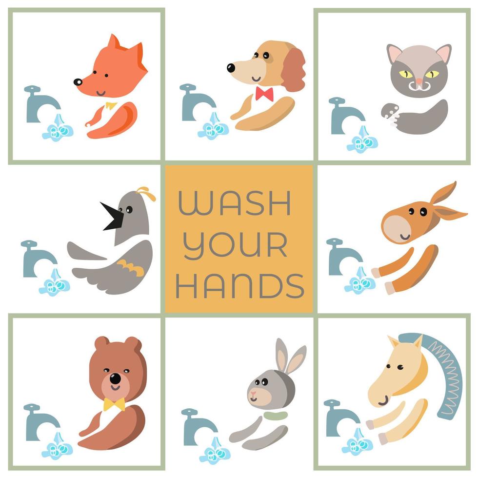 set of animals washing their hands. Funny cartoon characters. Vector illustration. Isolated set of animals washing their hands on white background