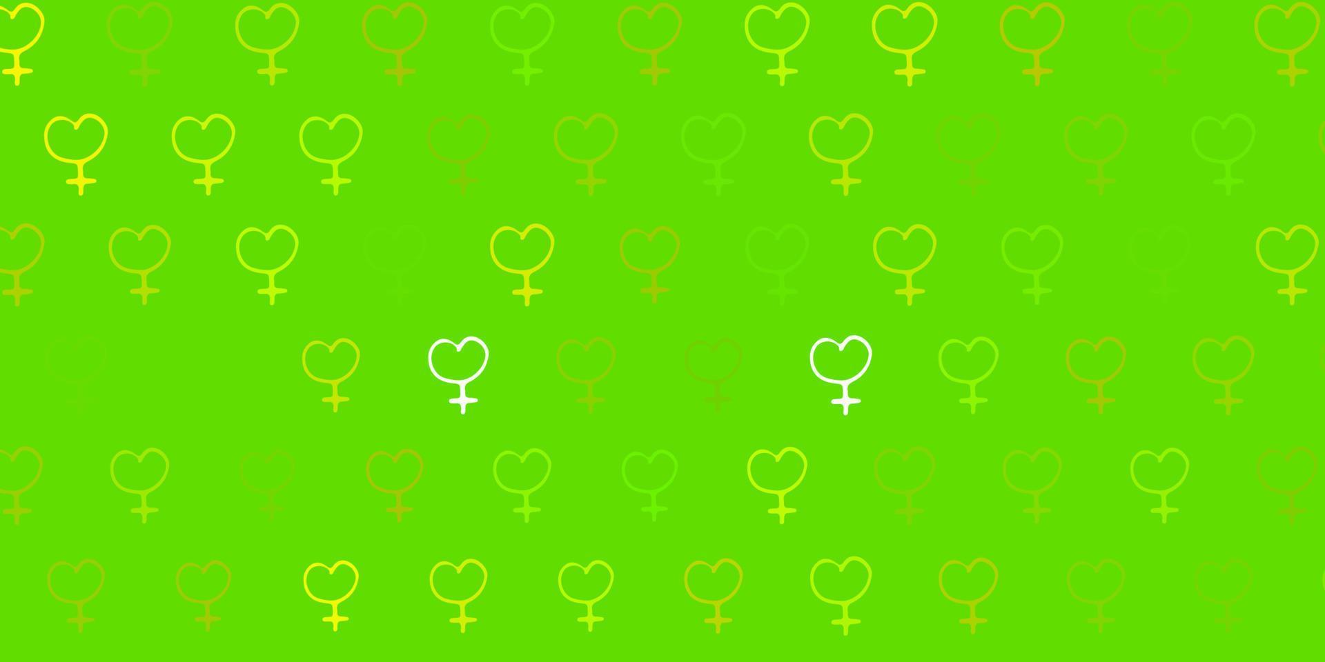 Telón de fondo de vector verde claro con símbolos de poder de las mujeres.