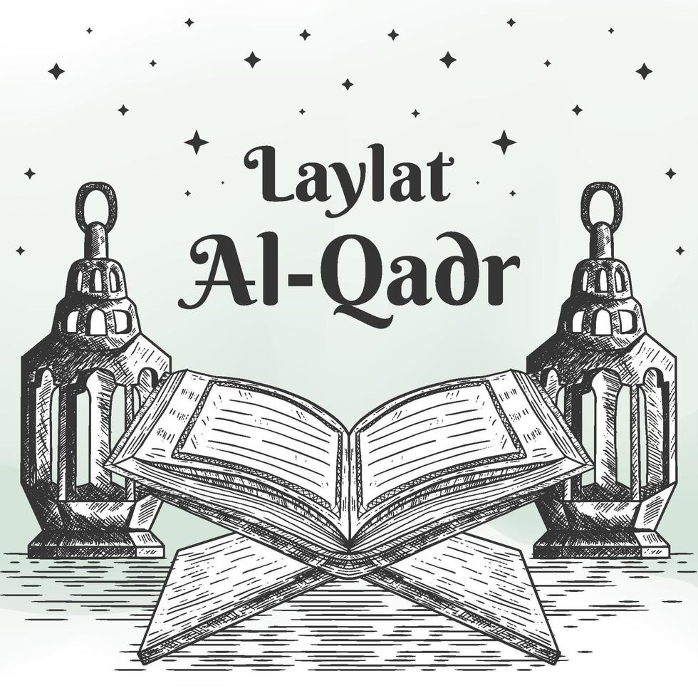 laylat al-qadr ilustración dibujada a mano con corán y linterna vector