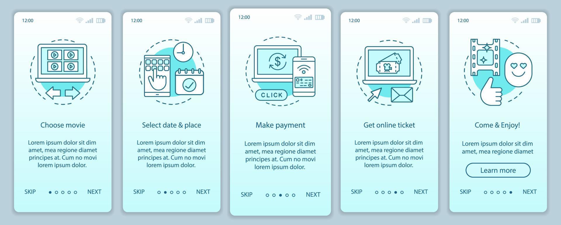 Cinema onboarding mobile app page screen vector template. 3d film ticket payment. Movie premiere event. Walkthrough website steps with linear illustrations. UX, UI, GUI smartphone interface concept