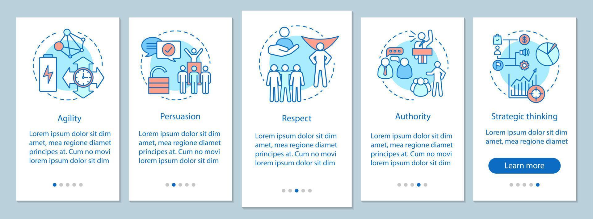 HR baseline skills onboarding mobile app page screen vector template. Employee soft qualities, abilities. Respect, authority, persuasion walkthrough website steps. UX, UI, GUI smartphone interface