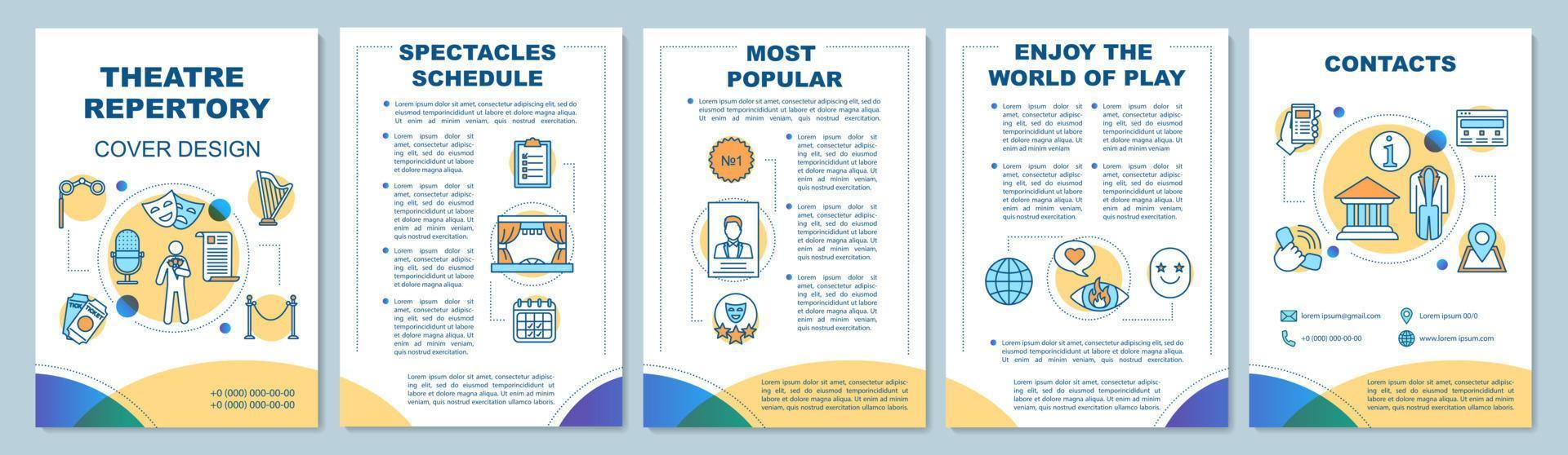 Theatre brochure template layout. Concert event. Spectacle repertory. Flyer, booklet print design with linear illustrations. Vector page layouts for magazines, annual reports, advertising posters