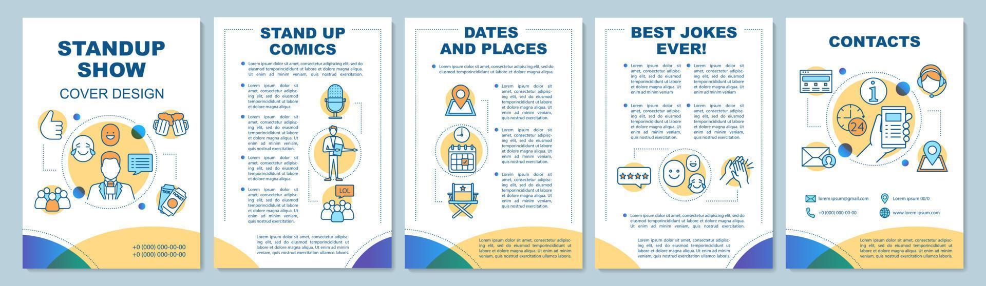 Standup show brochure template layout. Event in theatre. Concert, cinema. Flyer, booklet print design with linear illustrations. Vector page layouts for magazines, annual reports, advertising posters