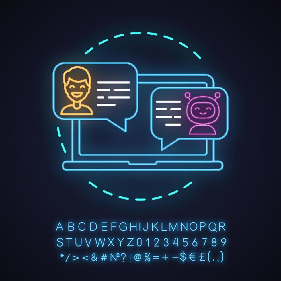 Support chatbot neon light concept icon. Messenger bot. Virtual assistant idea. Man chatting with bot on laptop. Glowing sign with alphabet, numbers and symbols. Vector isolated illustration