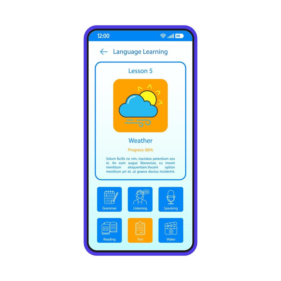 Language learning app smartphone interface vector template. Mobile application page blue design layout. Online English lessons screen. Flat UI. Listening, speaking, reading options on phone display