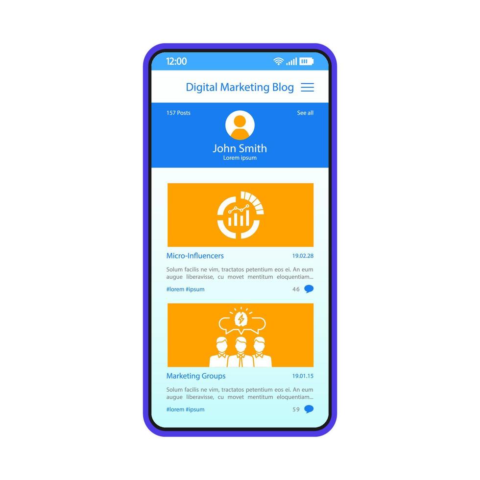 Blogging app smartphone interface vector template. Digital marketing posts screen. Blogger profile mobile page blue design layout. Application flat UI. Social media platform content on phone display