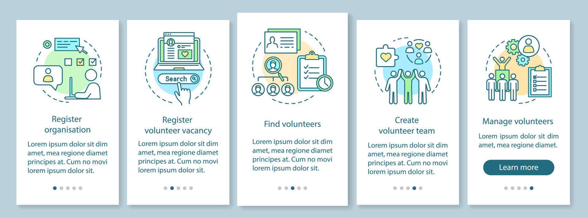 voluntarios que encuentran la plantilla de vector de pantalla de página de aplicación móvil de incorporación. ayuda humanitaria Pasos del sitio web del tutorial del programa de voluntariado con ilustraciones lineales. ux, ui, concepto de interfaz de teléfono inteligente gui