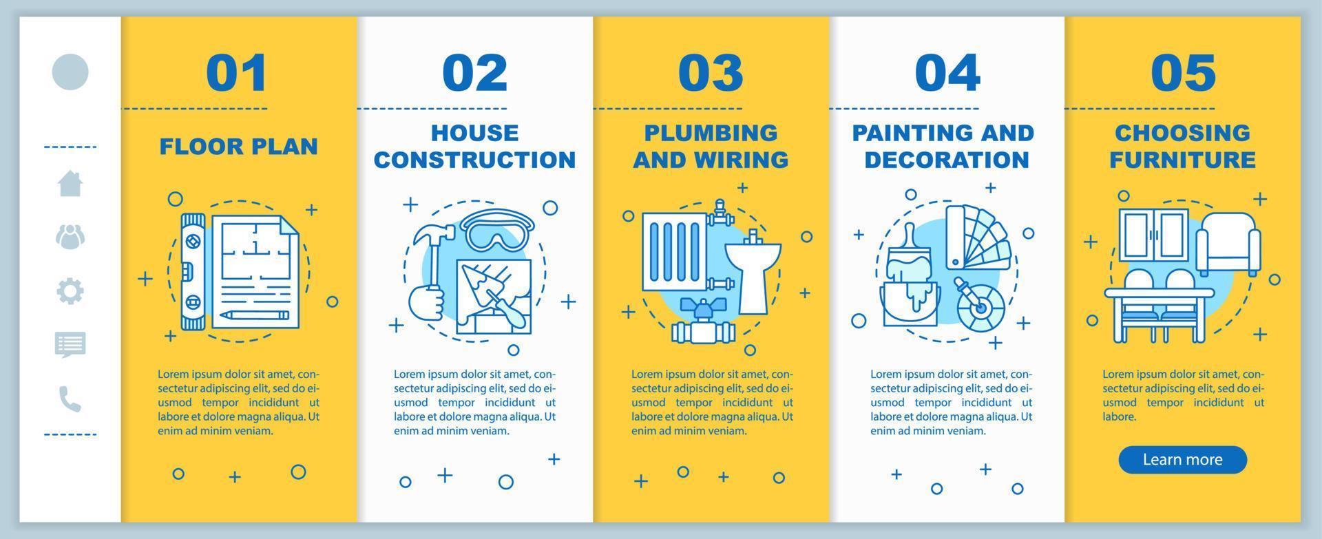 House building onboarding mobile app page screen vector template. Choosing furniture, house construction walkthrough website steps with linear illustrations. UX, UI, GUI smartphone interface concept