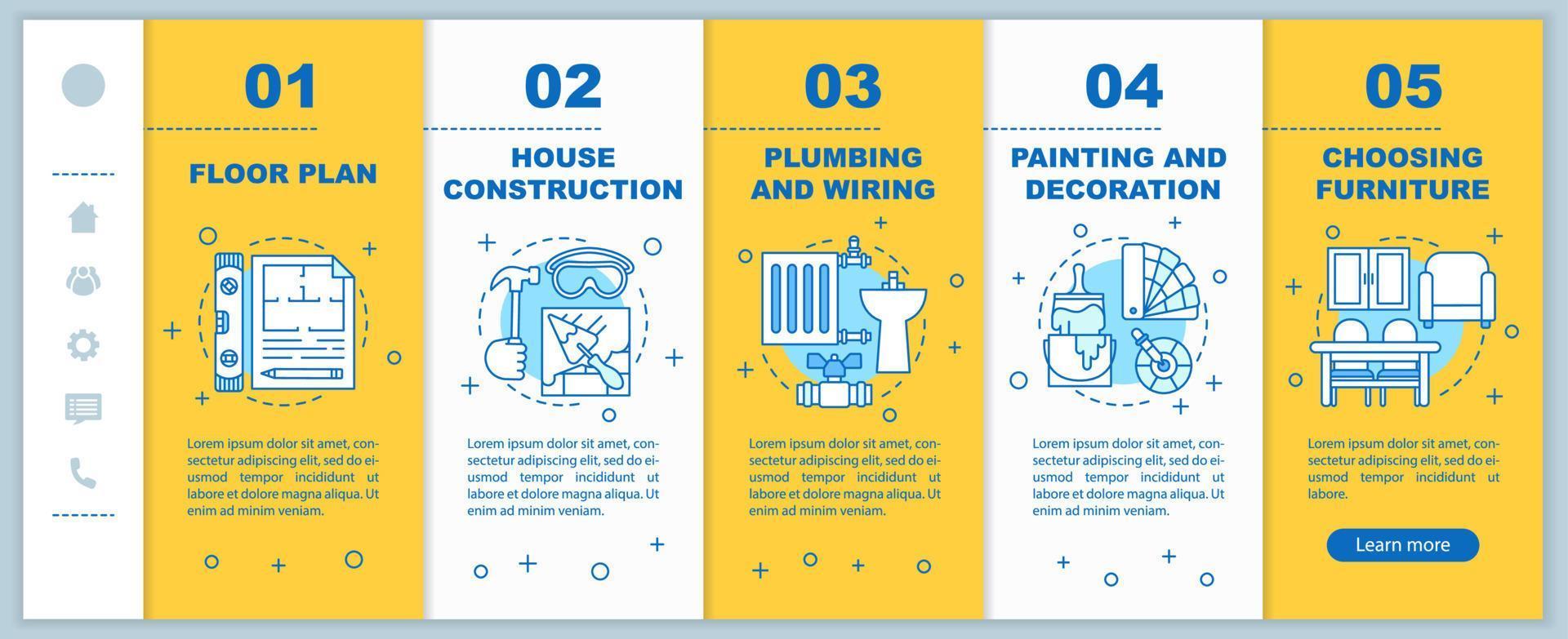 plantilla de vector de pantalla de página de aplicación móvil de incorporación de construcción de viviendas. elegir muebles, pasos del sitio web del recorrido de la construcción de la casa con ilustraciones lineales. ux, ui, concepto de interfaz de teléfono inteligente gui