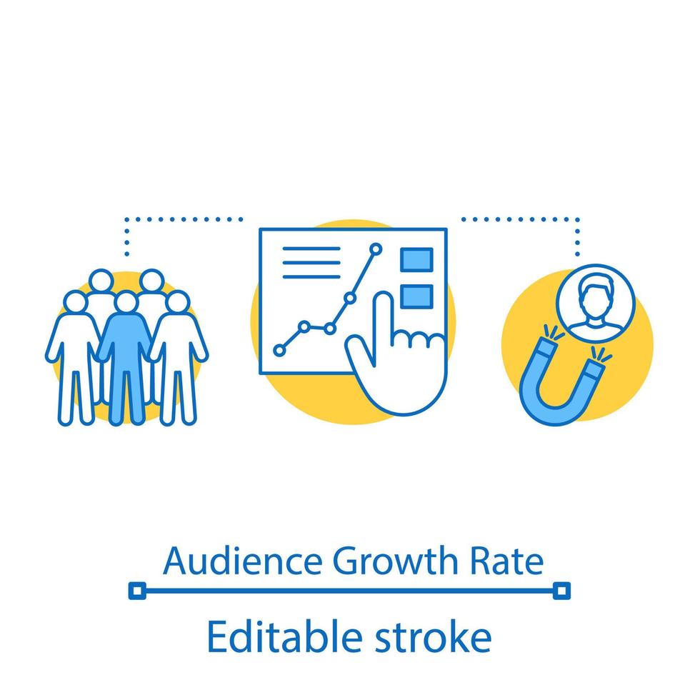 Audience growth rate concept icon. SMM metrics, tools. Customer atraction. Social media measurement and analytics idea thin line illustration. Vector isolated outline drawing. Editable stroke