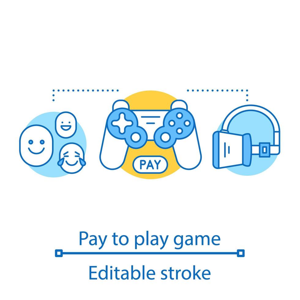 Pay to play concept icon. Digital entertainment idea thin line illustration. Play virtual reality games. VR headset, joystick. Vector isolated outline drawing. Editable stroke