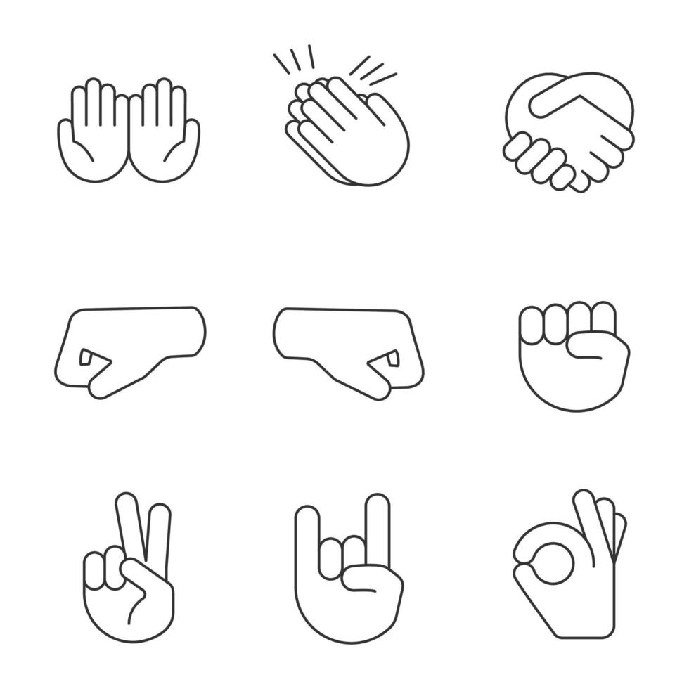 Hand gesture emojis linear icons set. Thin line contour symbols. Begging, applause, handshake, left and right fists, peace, rock, OK gesturing. Isolated vector outline illustrations. Editable stroke