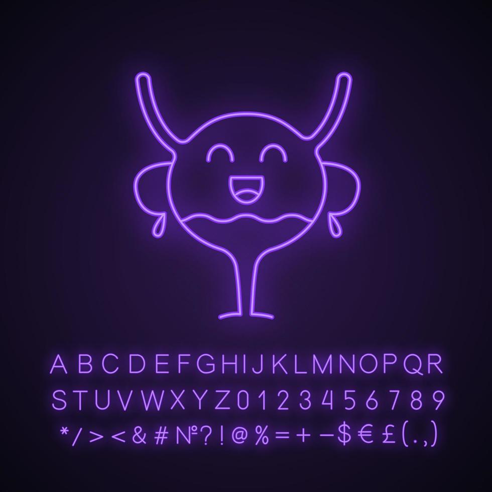 Happy urinary bladder emoji neon light icon. Healthy urinary tract. Urinary system health. Glowing sign with alphabet, numbers and symbols. Vector isolated illustration